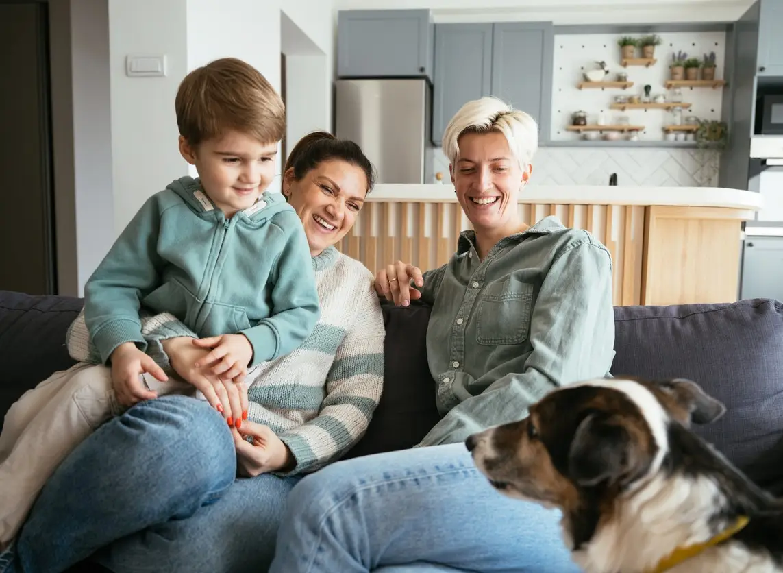 Lesbian couple with kids and dog