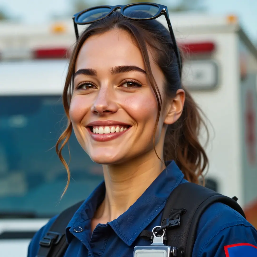 a smiling female paramedic with sunglasses on her head and an ambulance behind her