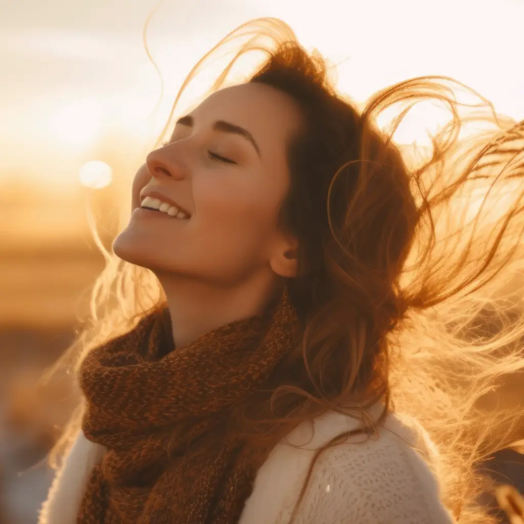 Serene woman smiling with her eyes closed with her face tilted toward the sky
