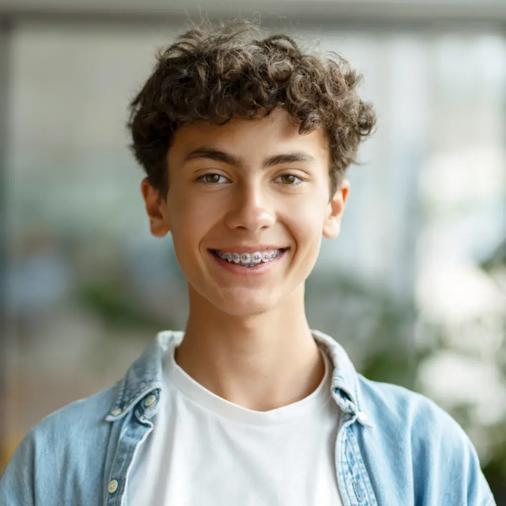 Smiling boy teen who is wearing braces and has curly hair