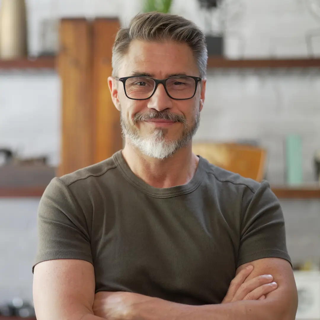Smiling confident man with greying hair and wearing glasses
