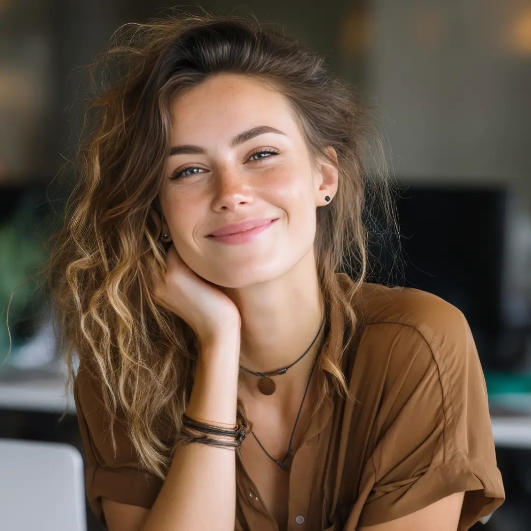 Smiling girl with wavy brown hair and a brown shirt