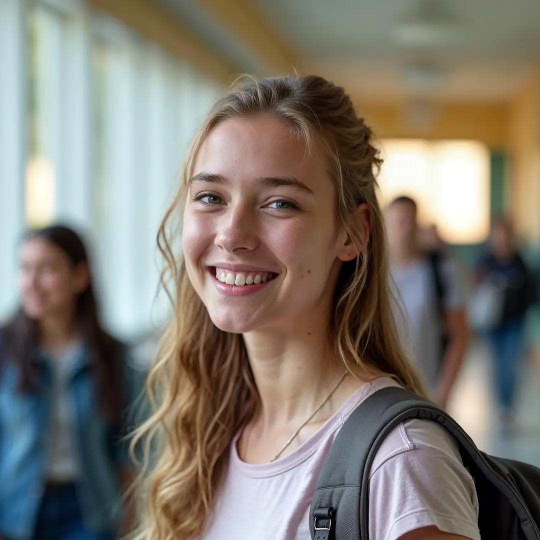 Teenage girl wearing a backpack and smiling while standing in a hallway at school