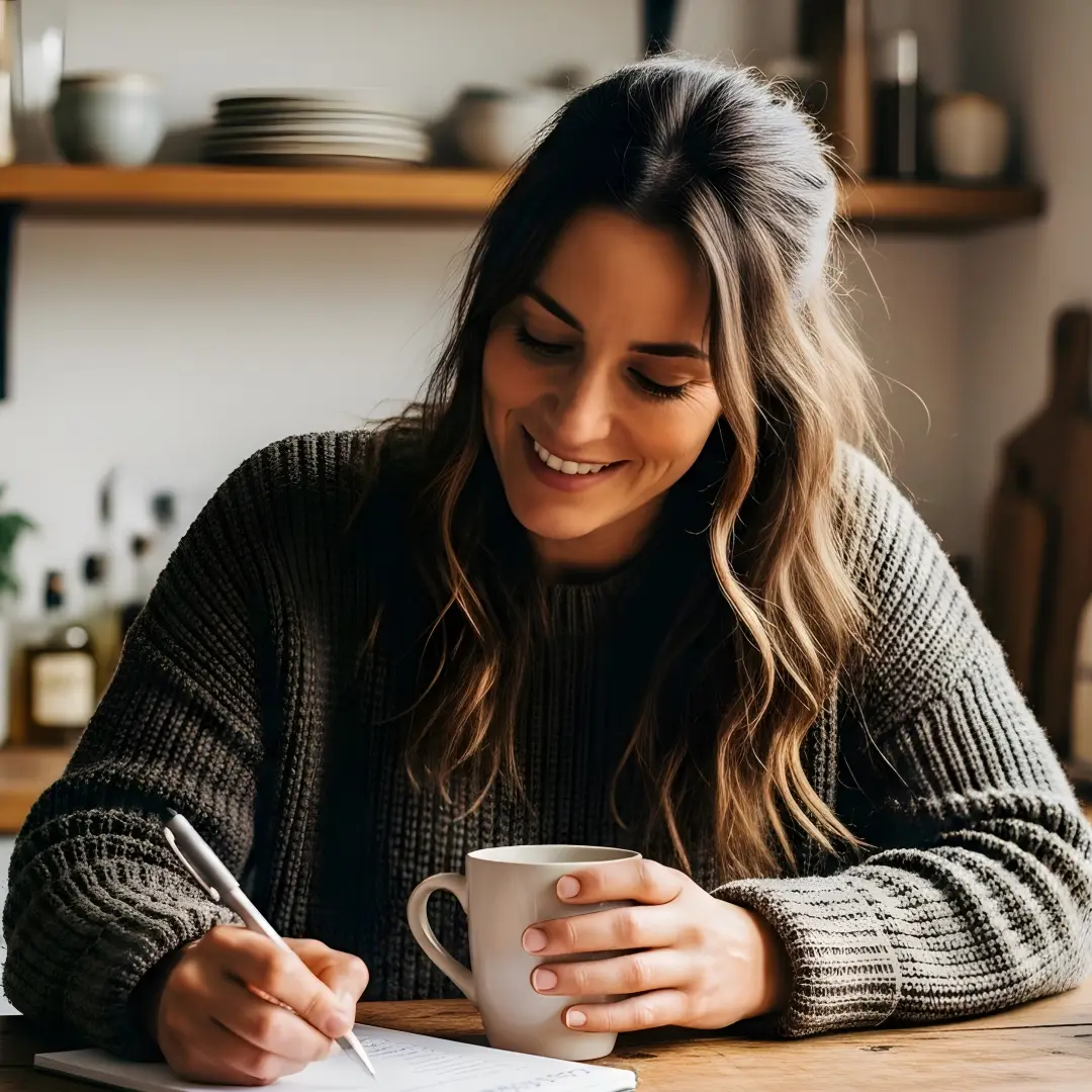 Woman smiling and writing in a notebook